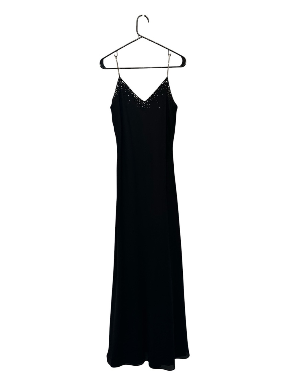 Vintage 90’s/Y2K Dave & Johnny Black Beaded Spaghetti-Strap Prom Dress Sz 13/14